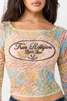 ALLOVER PRINT BUTTERFLY LACE LONG SLEEVE TOP