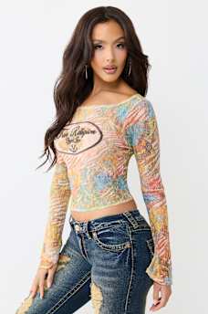 ALLOVER PRINT BUTTERFLY LACE LONG SLEEVE TOP