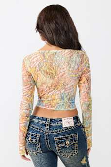 ALLOVER PRINT BUTTERFLY LACE LONG SLEEVE TOP