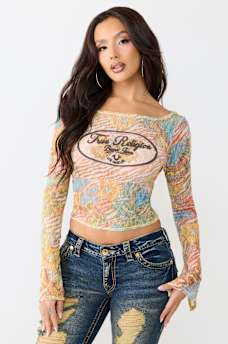 ALLOVER PRINT BUTTERFLY LACE LONG SLEEVE TOP