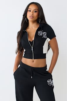 COLOR PANELED ZIP HOODED SHIRT