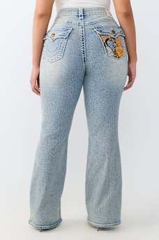 PLUS BECCA MID RISE TIGER SUPER T FLAP BOOTCUT JEAN