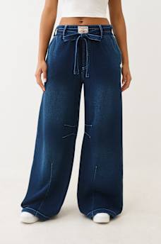 PANTALON EN MOLLETON COUPE BALLON D&Eacute;LAV&Eacute; INDIGO