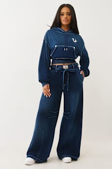 PANTALON EN MOLLETON COUPE BALLON D&Eacute;LAV&Eacute; INDIGO