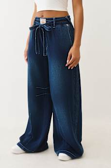 PANTALON EN MOLLETON COUPE BALLON D&Eacute;LAV&Eacute; INDIGO