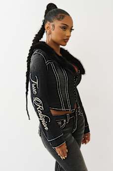 DENIM FUR COLLAR BIG T JACKET