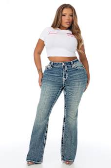 PLUS BECCA MID RISE SUPER T FLAP BOOTCUT JEAN