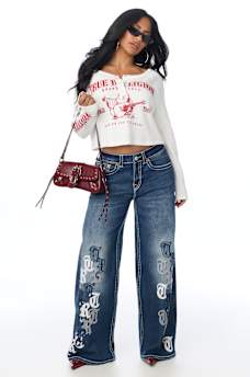 JESSIE MID RISE APPLIQU&Eacute; BIG T SUPER BAGGY JEAN