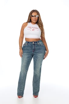 PLUS BILLIE MID RISE DOUBLE HORSESHOE BIG T FLAP STRAIGHT JEAN