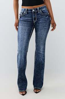 BECCA MID RISE CRYSTAL BIG T FLAP BOOTCUT JEAN