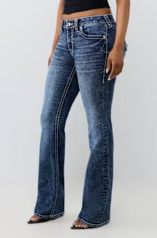 BECCA MID RISE CRYSTAL BIG T FLAP BOOTCUT JEAN