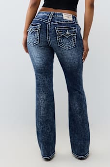 BECCA MID RISE CRYSTAL BIG T FLAP BOOTCUT JEAN