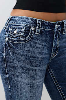 BECCA MID RISE CRYSTAL BIG T FLAP BOOTCUT JEAN
