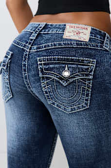 BECCA MID RISE CRYSTAL BIG T FLAP BOOTCUT JEAN