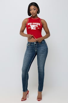 JENNIE MID RISE EMBROIDERED CURVY SKINNY JEAN