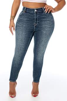 PLUS JENNIE MID RISE EMBROIDERED CURVY SKINNY JEAN 
