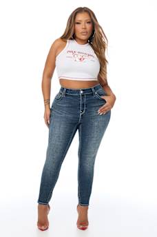 PLUS JENNIE MID RISE EMBROIDERED CURVY SKINNY JEAN 