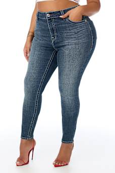 PLUS JENNIE MID RISE EMBROIDERED CURVY SKINNY JEAN 