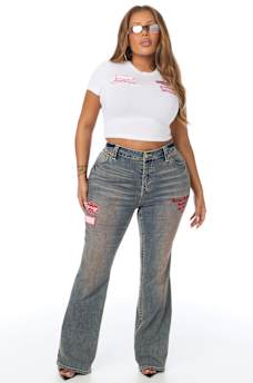 PLUS BECCA MID RISE PATCH BOOTCUT JEAN