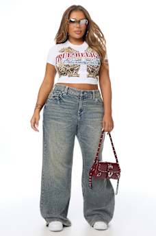PLUS BOBBI MID RISE LOGO SCRIPT FLAP BAGGY JEAN