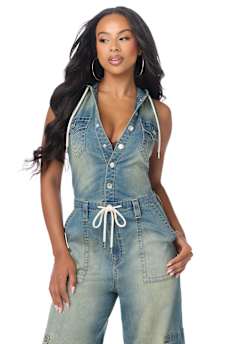DENIM HOODED CARGO JUMPSUIT