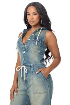 DENIM HOODED CARGO JUMPSUIT