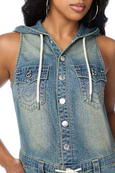 DENIM HOODED CARGO JUMPSUIT