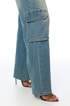 DENIM HOODED CARGO JUMPSUIT