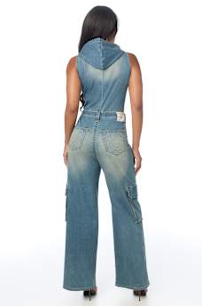 DENIM HOODED CARGO JUMPSUIT