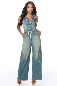 DENIM HOODED CARGO JUMPSUIT