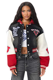 TEDDY PATCH PADDED DENIM BOMBER JACKET