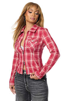 DOUBLE-ZIP EMBROIDERED PLAID SHIRT