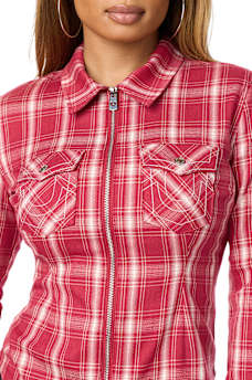 DOUBLE-ZIP EMBROIDERED PLAID SHIRT