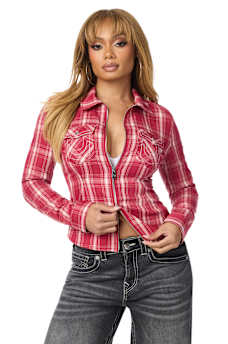DOUBLE-ZIP EMBROIDERED PLAID SHIRT