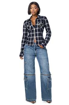 DOUBLE-ZIP EMBROIDERED PLAID SHIRT