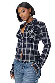 DOUBLE-ZIP EMBROIDERED PLAID SHIRT