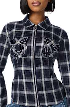 DOUBLE-ZIP EMBROIDERED PLAID SHIRT
