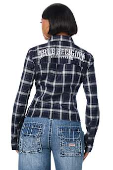 DOUBLE-ZIP EMBROIDERED PLAID SHIRT