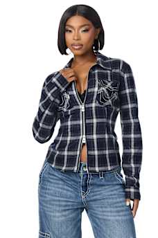 DOUBLE-ZIP EMBROIDERED PLAID SHIRT