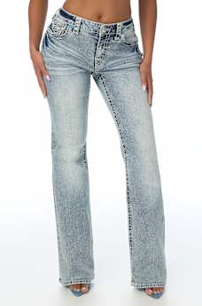 BECCA MID RISE CRYSTAL SUPER T FLAP BOOTCUT JEAN