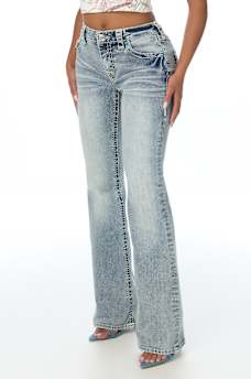 BECCA MID RISE CRYSTAL SUPER T FLAP BOOTCUT JEAN
