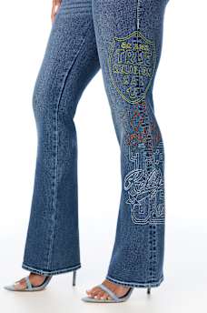 BECCA MID RISE EMBROIDERED BIG T FLAP BOOTCUT JEAN