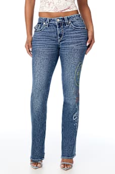 BECCA MID RISE EMBROIDERED BIG T FLAP BOOTCUT JEAN