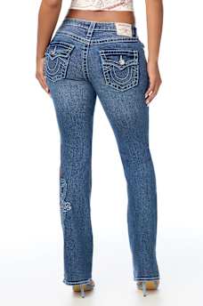 BECCA MID RISE EMBROIDERED BIG T FLAP BOOTCUT JEAN