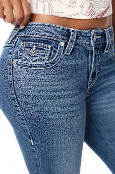 BECCA MID RISE EMBROIDERED BIG T FLAP BOOTCUT JEAN