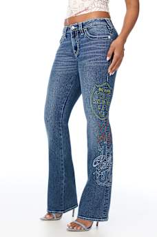 BECCA MID RISE EMBROIDERED BIG T FLAP BOOTCUT JEAN