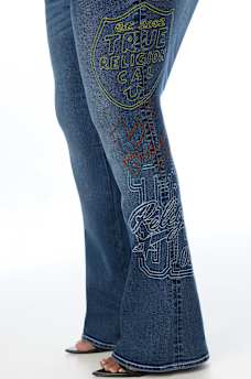 PLUS BECCA MID RISE EMBROIDERED BIG T FLAP BOOTCUT JEAN