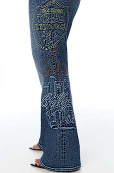 PLUS BECCA MID RISE EMBROIDERED BIG T FLAP BOOTCUT JEAN
