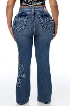 PLUS BECCA MID RISE EMBROIDERED BIG T FLAP BOOTCUT JEAN