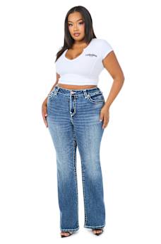 PLUS BECCA MID RISE WING SUPER T FLAP BOOTCUT JEAN